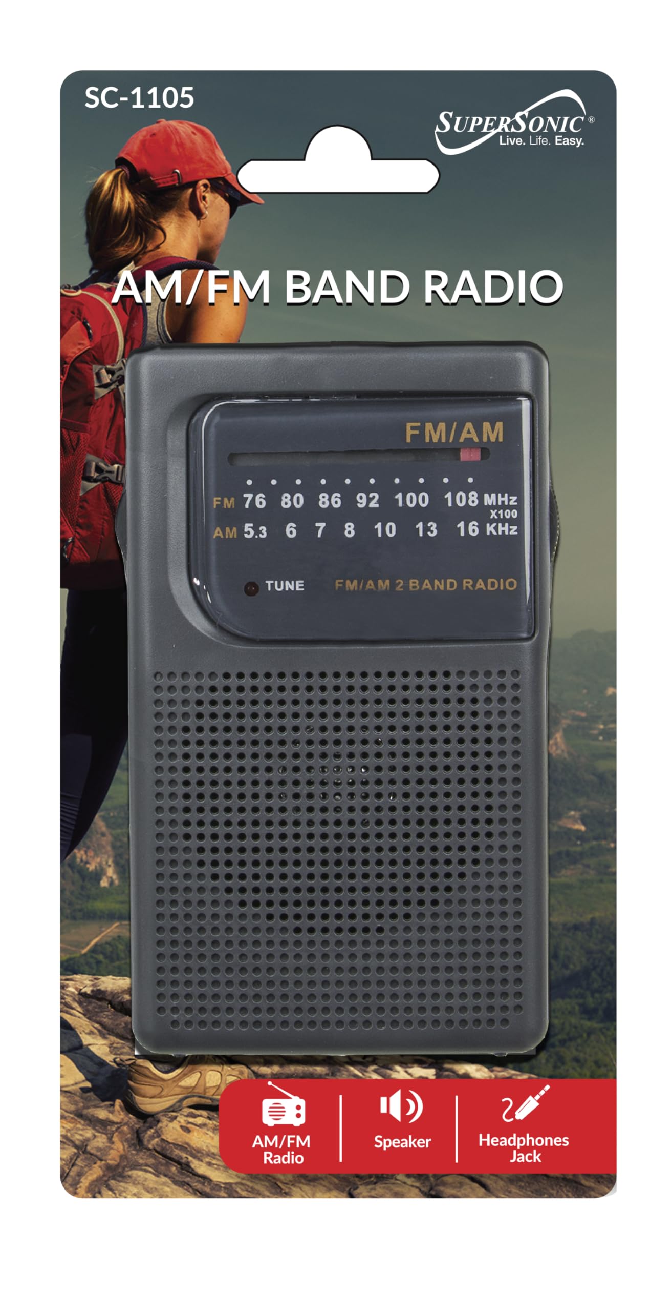Supersonic SC-1105 AM/FM Pocket Radio with Earphone Jack, Black