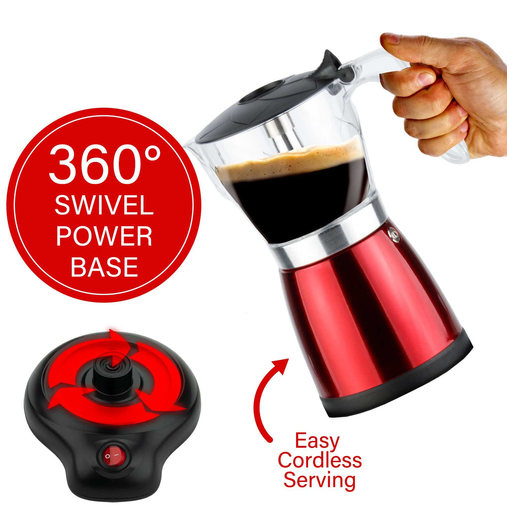 Brentwood TS-119R Cordless Electric Moka Pot Espresso Maker - Red, 550W, Brews 3 to 6 Servings