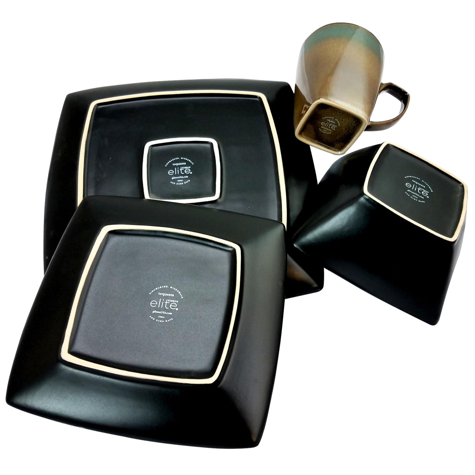 Gibson Elite Tequesta 16-Piece Square Stoneware Dinnerware Set, Taupe Reactive Glaze, Service for 4