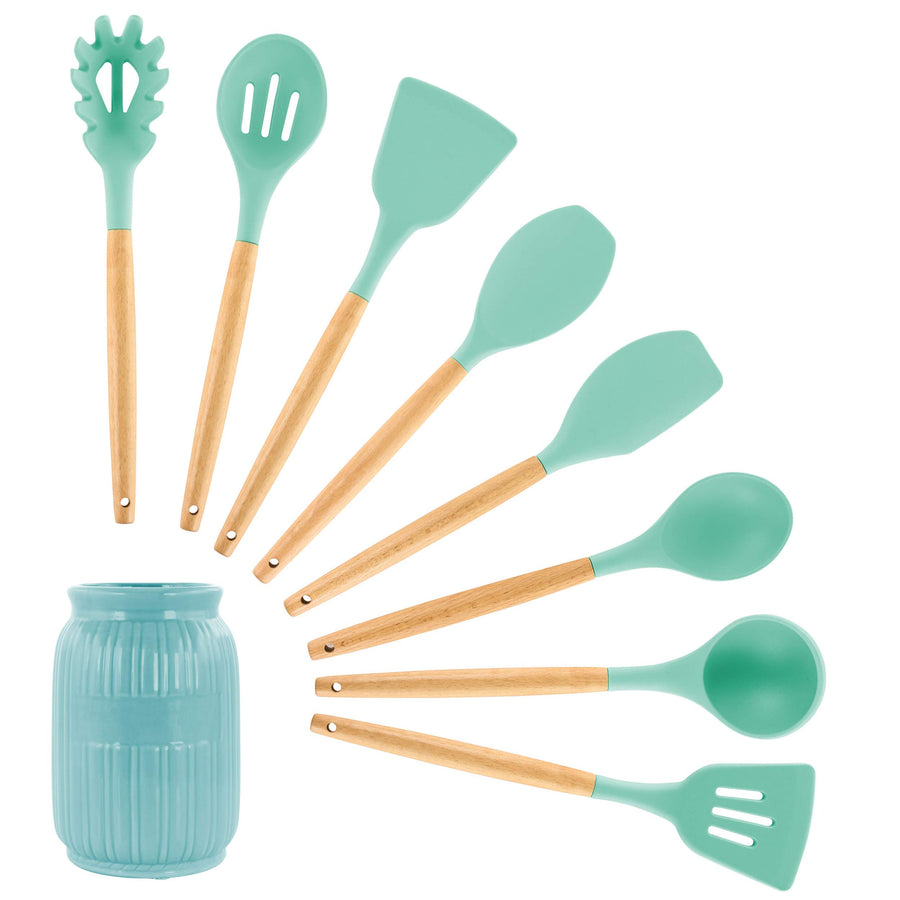 MegaChef 9-Piece Silicone and Wood Kitchen Utensil Set with Ceramic Holder, Mint Green