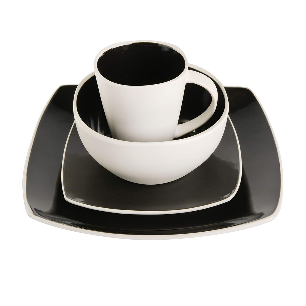 Gibson Soho Lounge Square 16-Piece Reactive Glaze Stoneware Dinnerware Set – Black & White Modern Service for 4