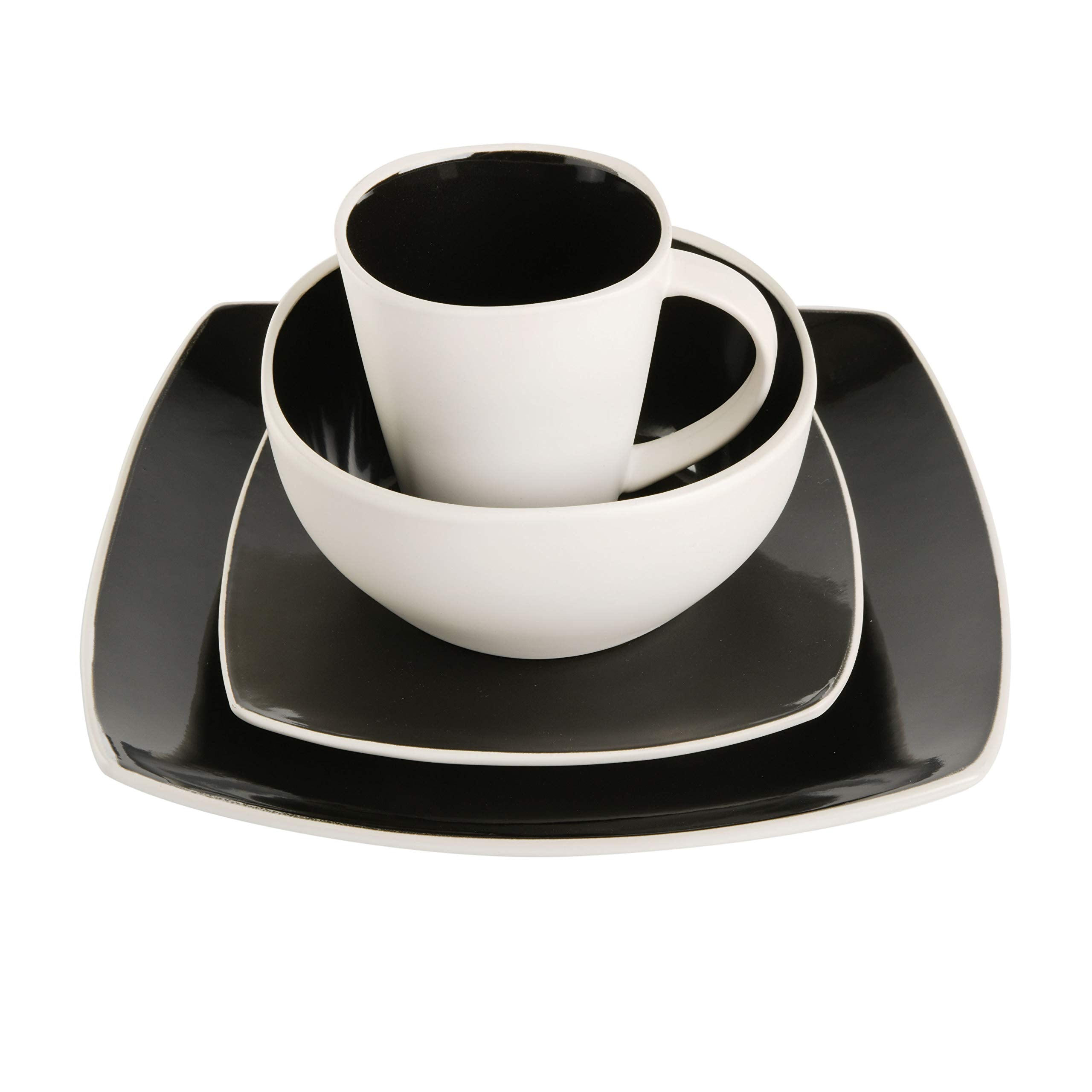 Gibson Soho Lounge Square 16-Piece Reactive Glaze Stoneware Dinnerware Set – Black & White Modern Service for 4