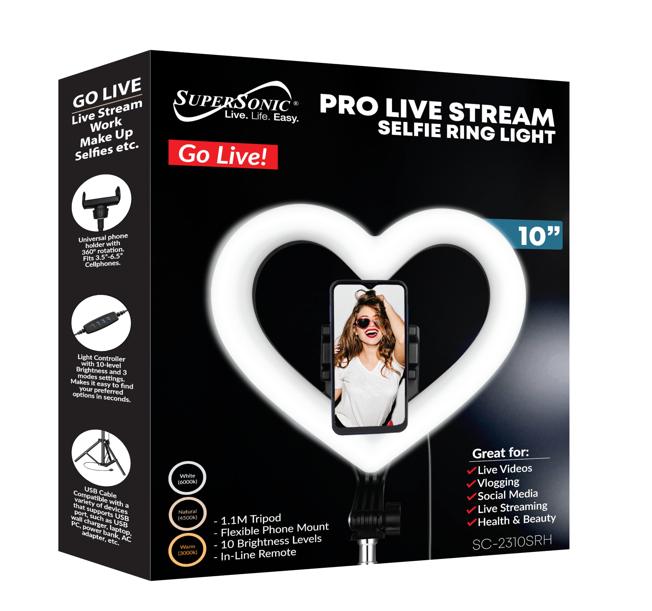 SuperSonic SC-2310SRH Pro Live Stream 10-Inch Heart Shaped Selfie Ring Light - 120 LEDs, 3 Color Modes, Tripod Extends to 42.5 Inches