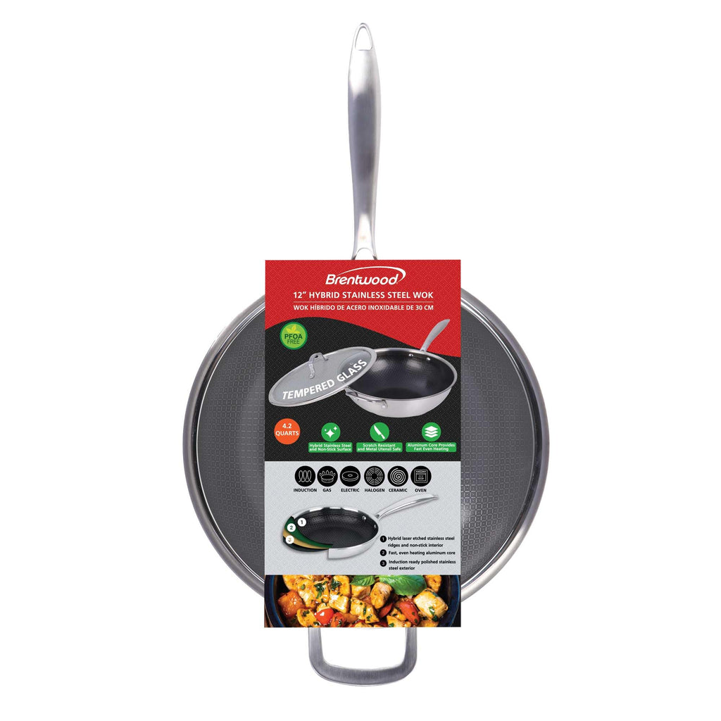 Brentwood B-WH30L 12-Inch 4.2-Quart 3-Ply Hybrid Non-Stick Stainless Steel Wok with Tempered Glass Lid - Induction Ready