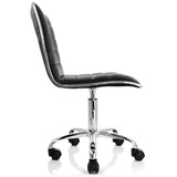 Elama black striped rolling office chair, side profile showing the curved one-piece seat, chrome edge and gas lift