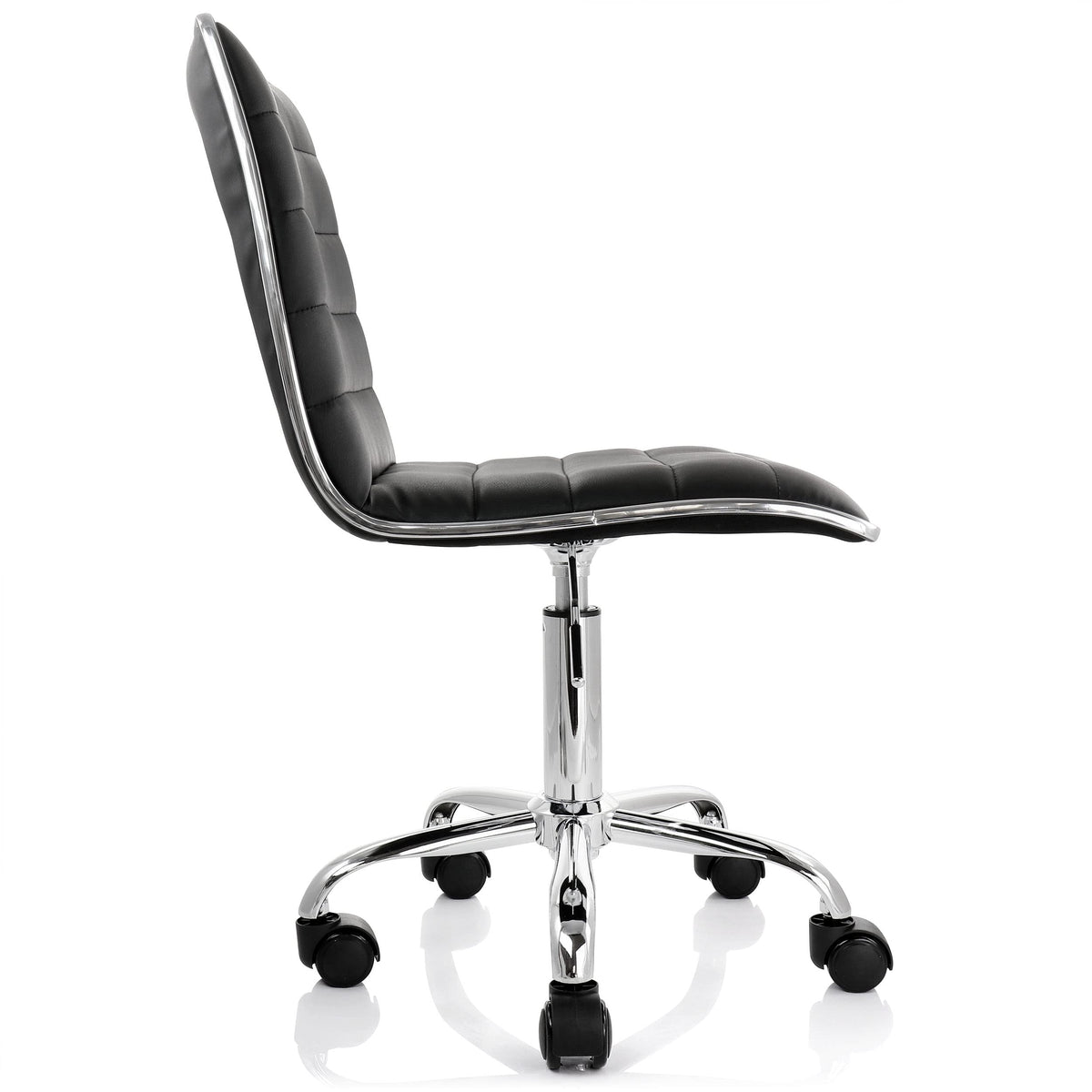Elama black striped rolling office chair, side profile showing the curved one-piece seat, chrome edge and gas lift