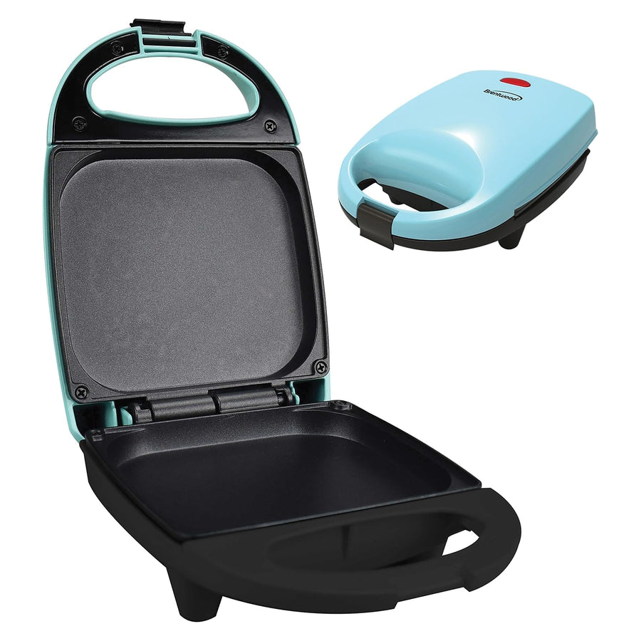 Open Brentwood blue egg bite maker with nonstick cooking plates and black base