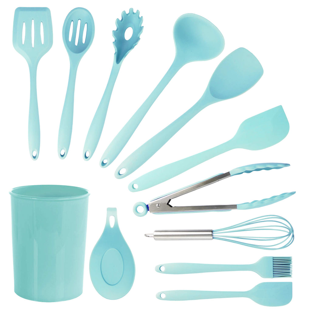 MegaChef 12-Piece Kitchen Cooking Utensil Set – Light Teal Silicone & Stainless Steel with Holder Stand