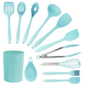 MegaChef 12-Piece Kitchen Cooking Utensil Set – Light Teal Silicone & Stainless Steel with Holder Stand