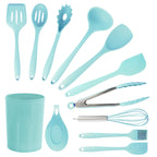 MegaChef 12-Piece Kitchen Cooking Utensil Set – Light Teal Silicone & Stainless Steel with Holder Stand