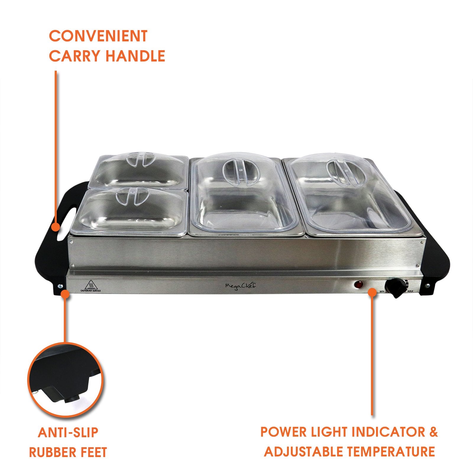 MegaChef Stainless Steel Buffet Server & Food Warmer – 4 Sectional Trays, Large Base Warming Surface, Easy-Clean Stainless Housing for Parties & Holidays