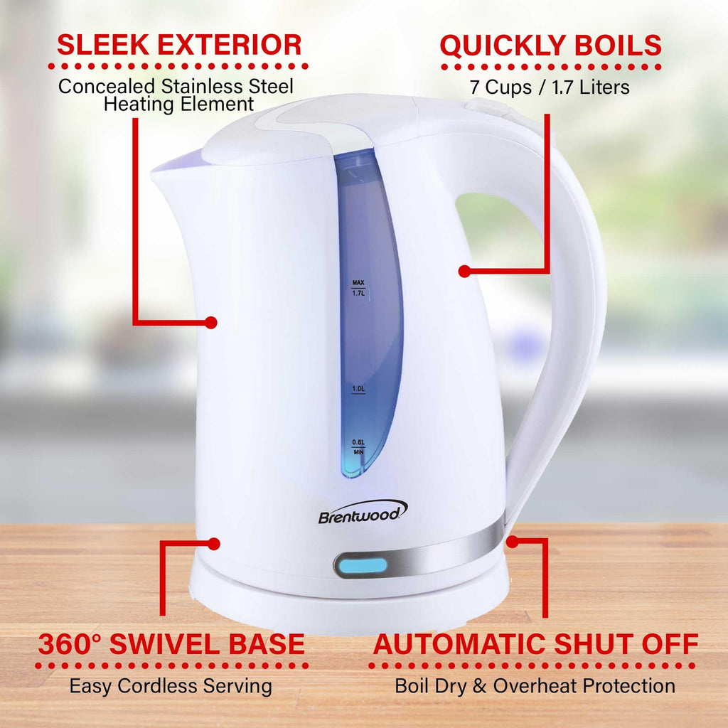 Brentwood 1.7 Liter 1100W Cordless Electric Kettle with Stainless Heating Element, White