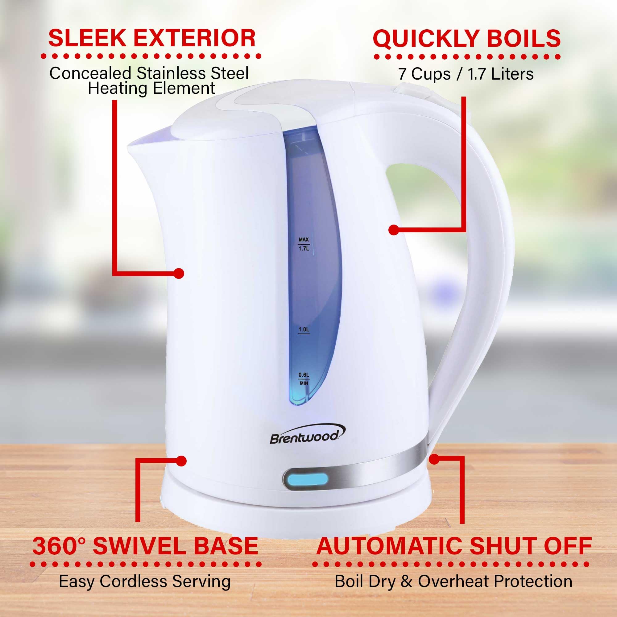 Brentwood 1.7 Liter 1100W Cordless Electric Kettle with Stainless Heating Element, White