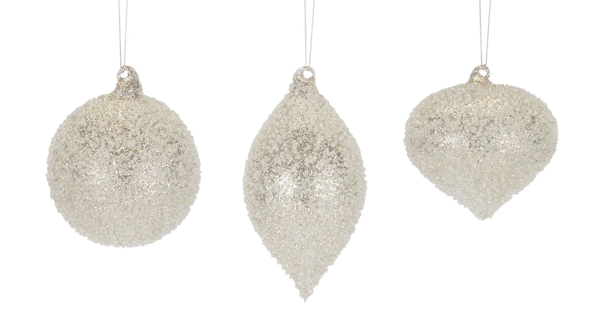 silver beaded glass christmas ornaments set of 6 ball teardrop and onion drop shapes with sugar bead texture