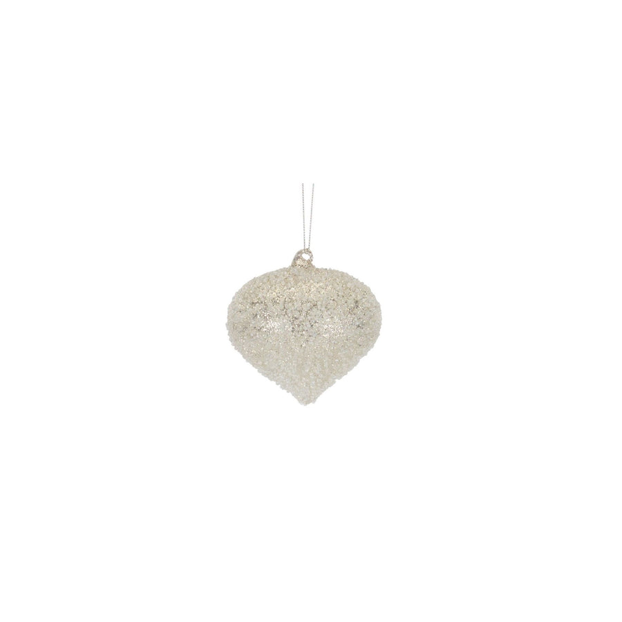 Silver Beaded Glass Christmas Ornaments, close-up of one design showing finish and detail