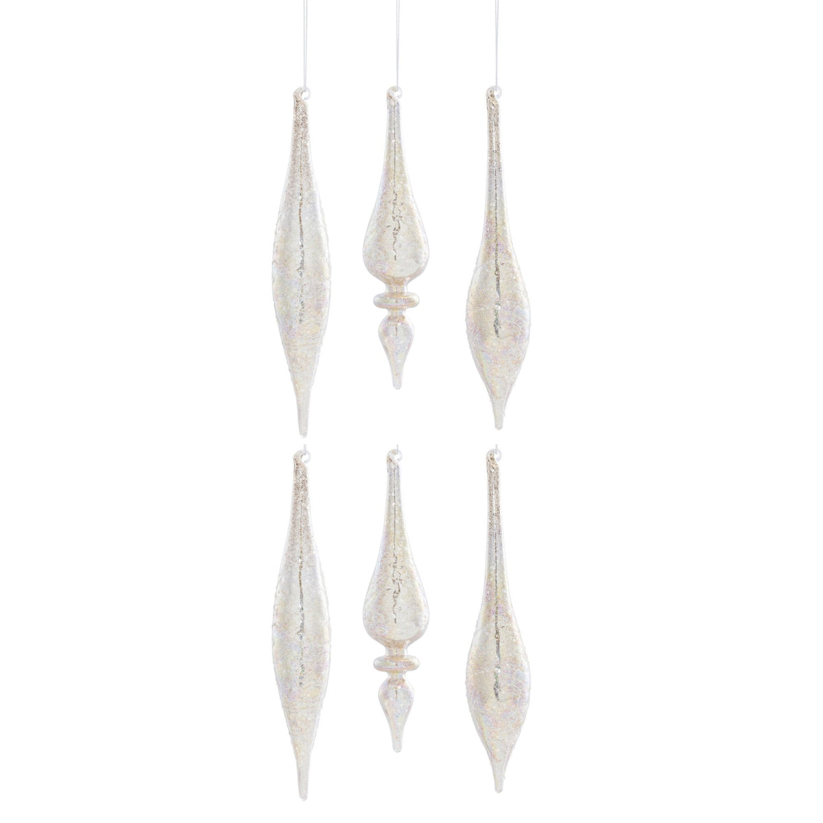 champagne jeweled glass drop finial christmas ornaments set of 6 in three shapes with mercury-style silver and gold finish