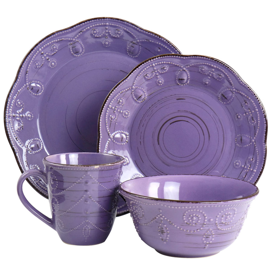 Elama Rustic Birch 16 Piece Embossed Scalloped Stoneware Dinnerware Set, Purple with Brown Accents