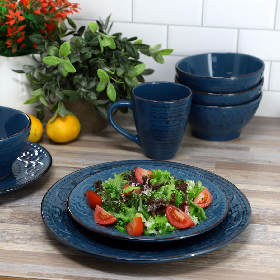 Elama Malibu Deep Ocean 16-Piece Stoneware Dinnerware Set, Reactive Glaze, Service for 4