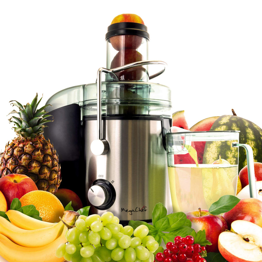 MegaChef 800W dual-speed centrifugal juice extractor, chrome silver stainless steel, with juice jug