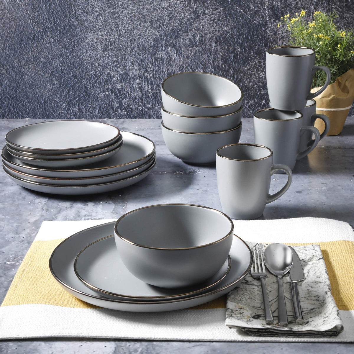 Gibson Home Rockaway 16-Piece Round Stoneware Dinnerware Set, Grey with Gold Rim, Service for 4