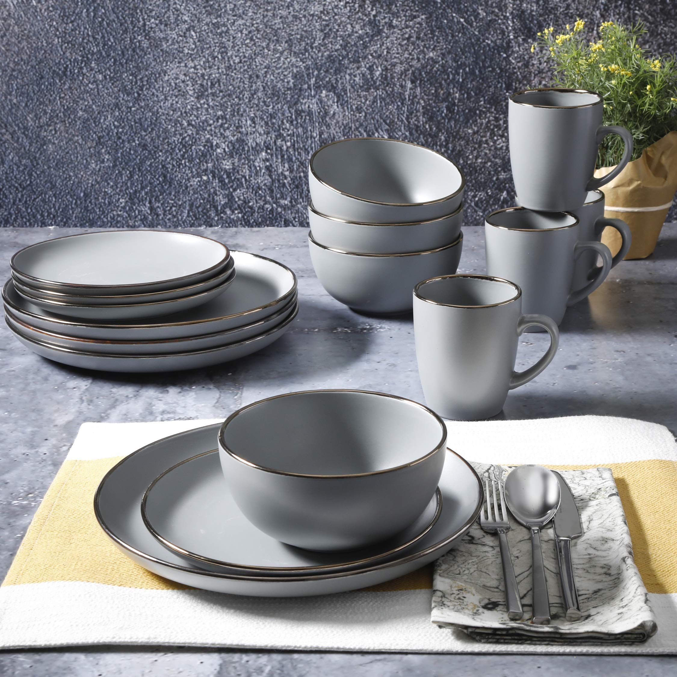 Gibson Home Rockaway 16-Piece Round Stoneware Dinnerware Set — Service for 4 in Grey with Gold Rim, Microwave & Dishwasher Safe Plates and Bowls