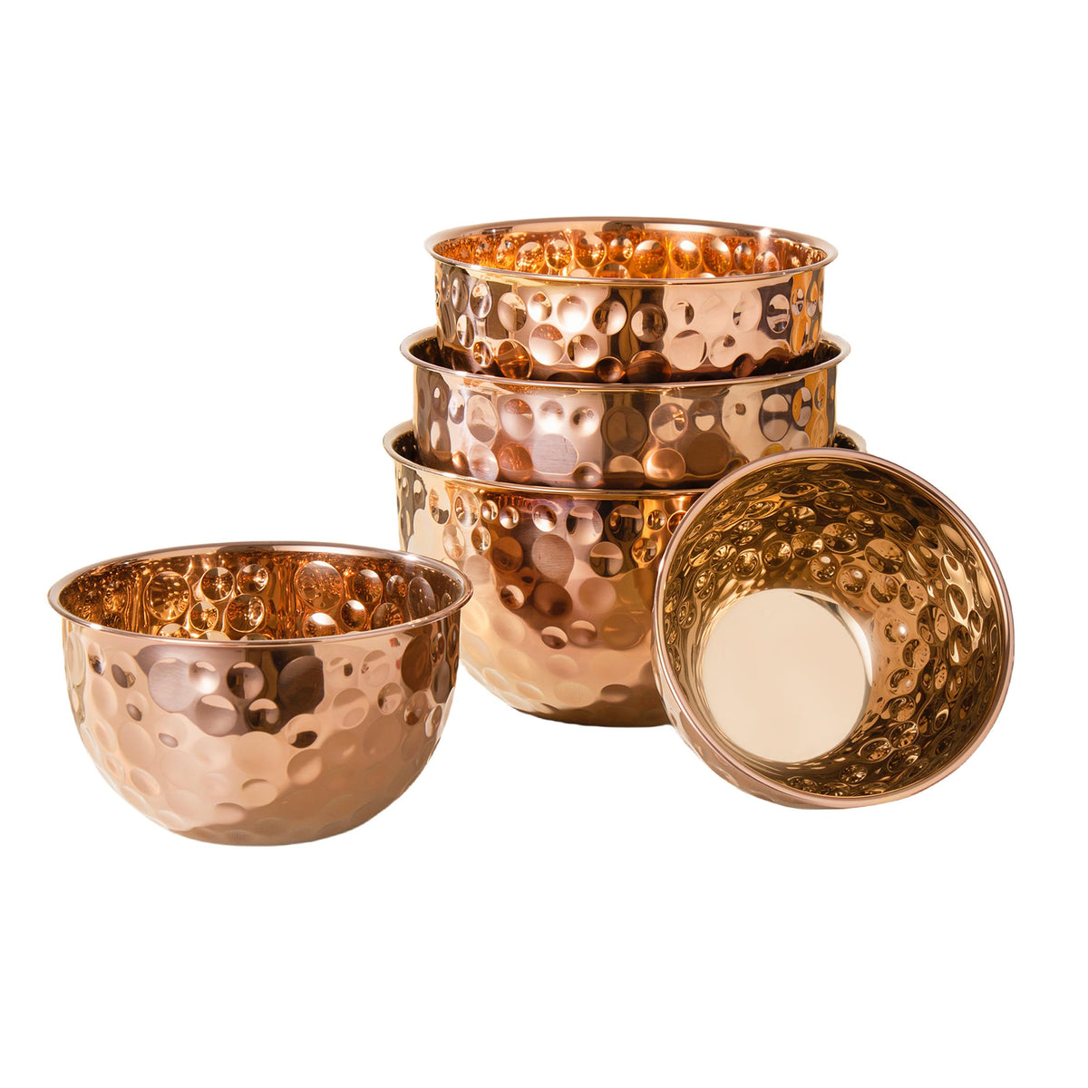 MegaChef five-piece hammered bubble texture stainless steel serving bowl set in copper finish, bowls shown by size