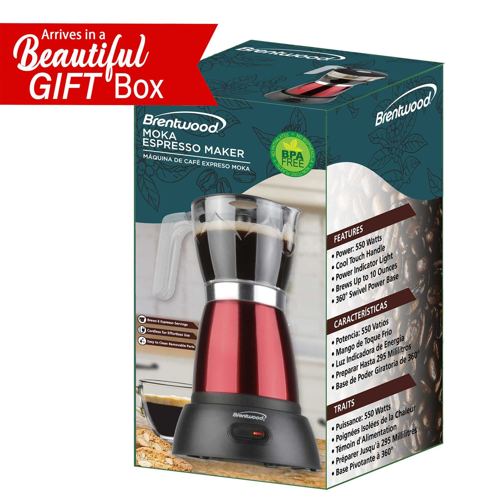Brentwood TS-119R Cordless Electric Moka Pot Espresso Maker - Red, 550W, Brews 3 to 6 Servings