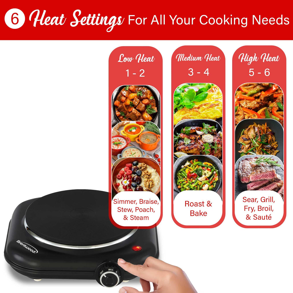 Brentwood TS-331BK 1100W Single Cast Iron Burner Hot Plate - Black, 6.5-Inch Plate with Temperature Control, Works with Any Cookware
