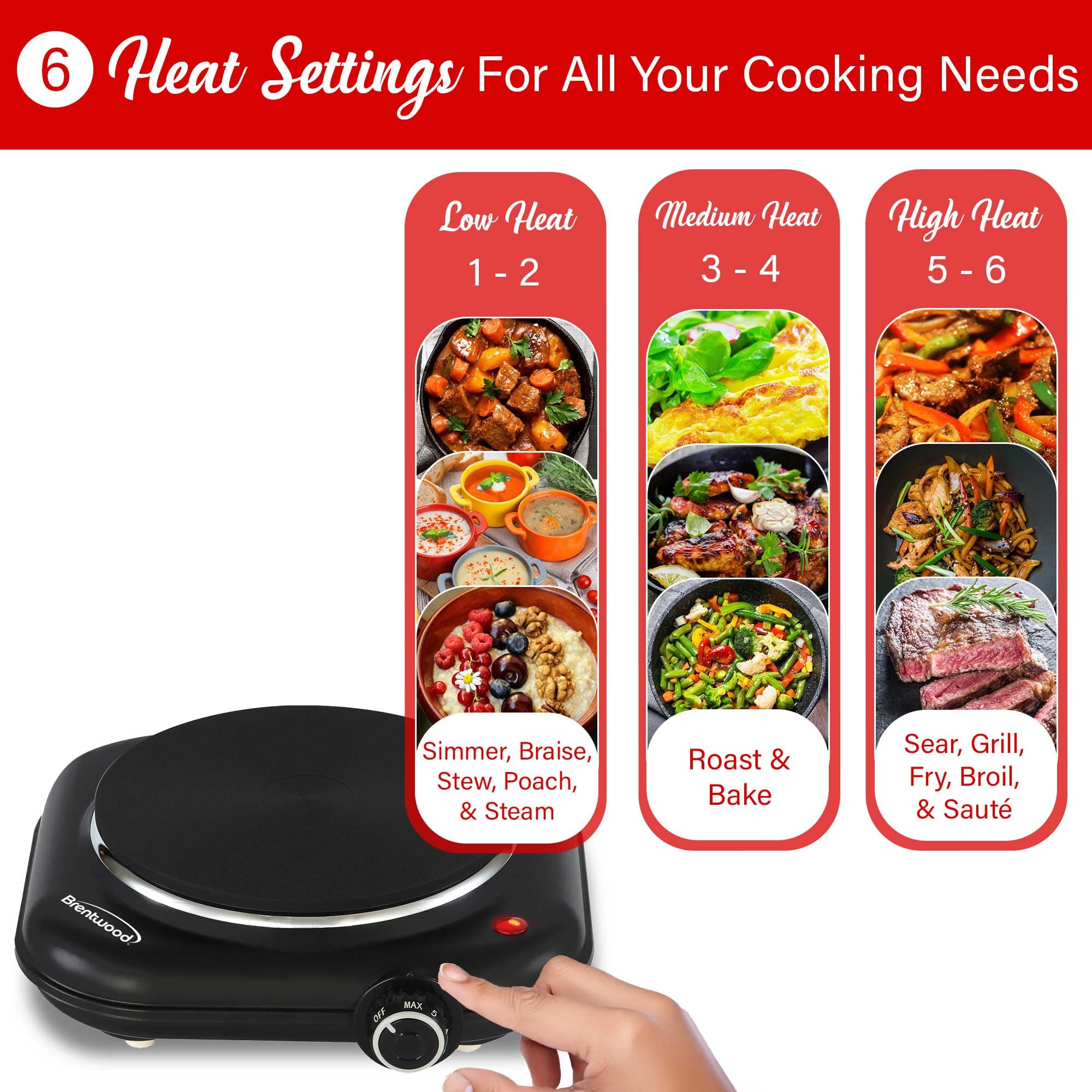 Brentwood TS-331BK 1100W Single Cast Iron Burner Hot Plate - Black, 6.5-Inch Plate with Temperature Control, Works with Any Cookware