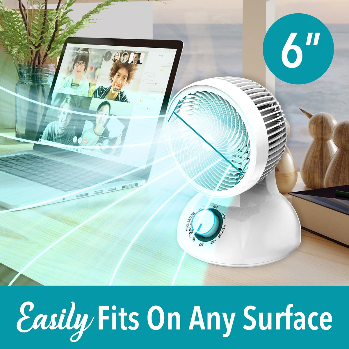 Brentwood F-650MW 6 Inch 3-Speed Oscillating Air Circulator Desktop Fan, White