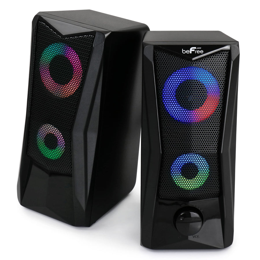 beFree Sound BFS-201 2.0 USB Computer Gaming Speakers with Color RGB LED Lights, Black, Wired 3.5 mm, Dual 2.5 in Drivers