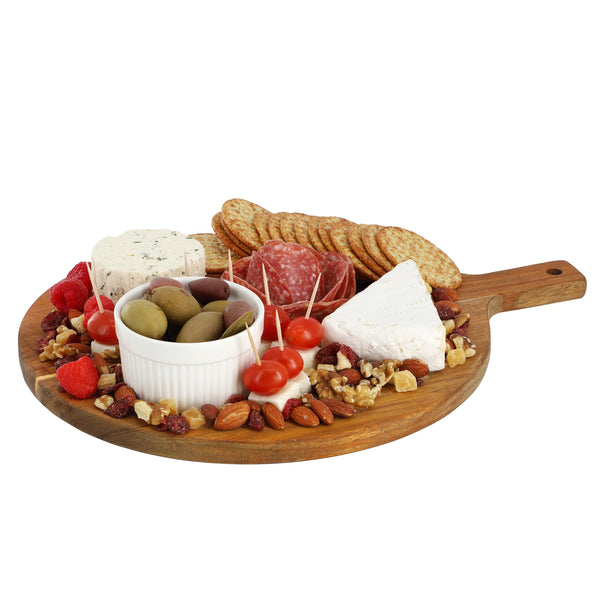Elama 12 inch round acacia wood serving board with handle, shown with a charcuterie spread