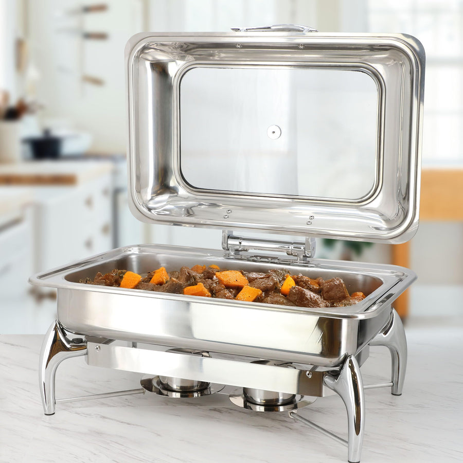 MegaChef MG-430801 9.5-Quart Rectangle Stainless Steel Chafing Dish with Hinged Lid and Window