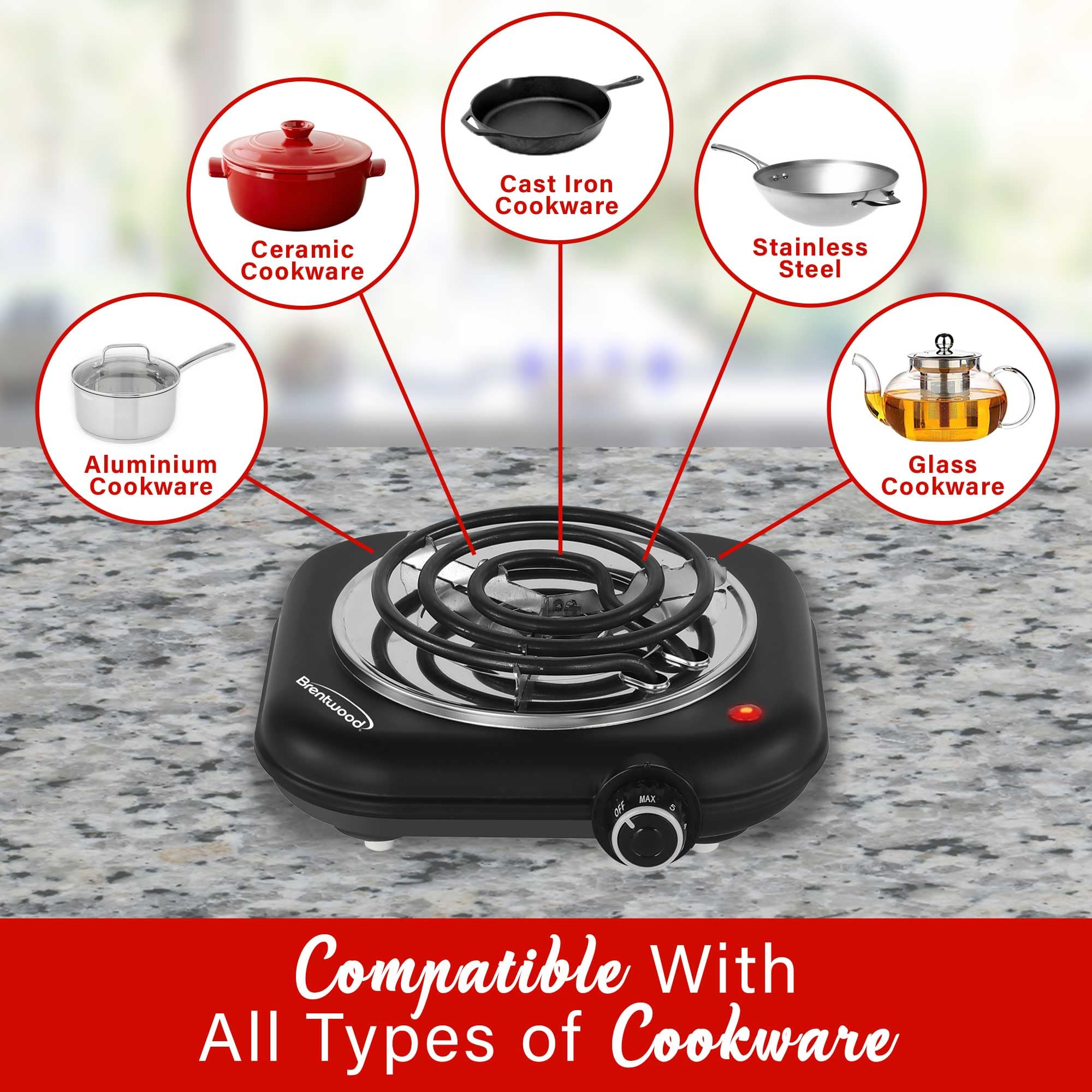Brentwood 1100-Watt Single Coiled Countertop Electric Burner, Black