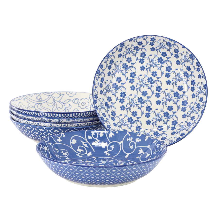 Elama Aurora set of six 8 inch porcelain bowls in assorted blue patterns with a glossy finish