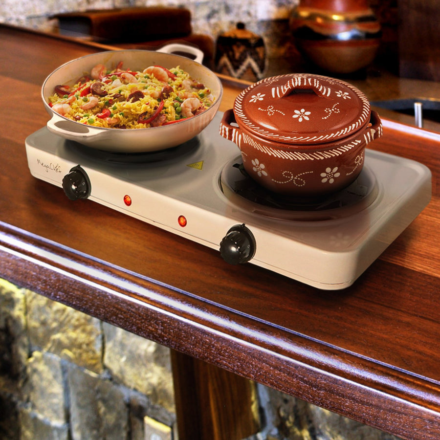 MegaChef MC-2012A-W Portable Dual Coil Cooktop, 1700W, Two 5.5 in Burners, White, Independent Temperature Knobs with Indicator Lights