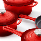 MegaChef 7 Piece Enameled Cast Iron Cookware Set in Red