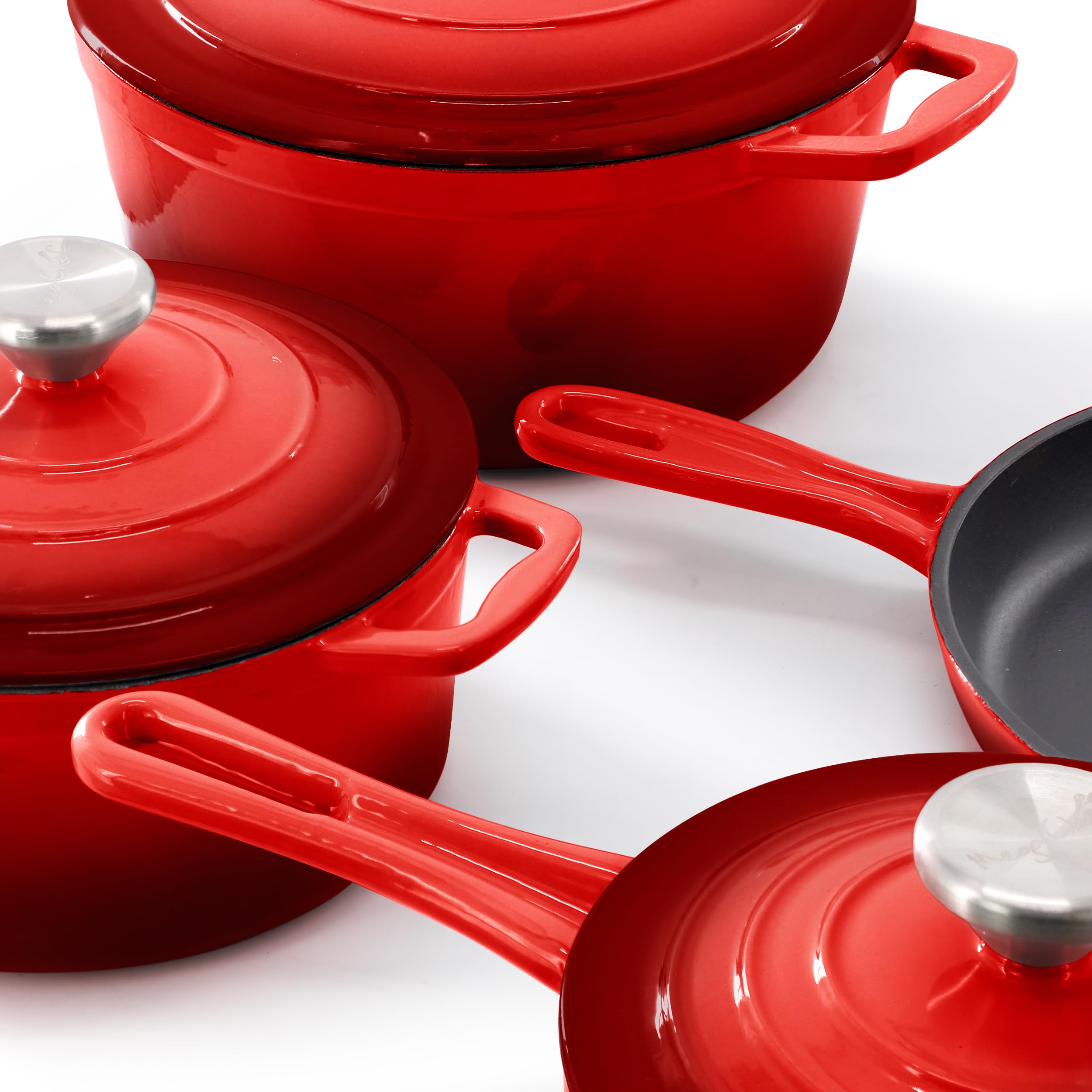 MegaChef 7 Piece Enameled Cast Iron Cookware Set in Red