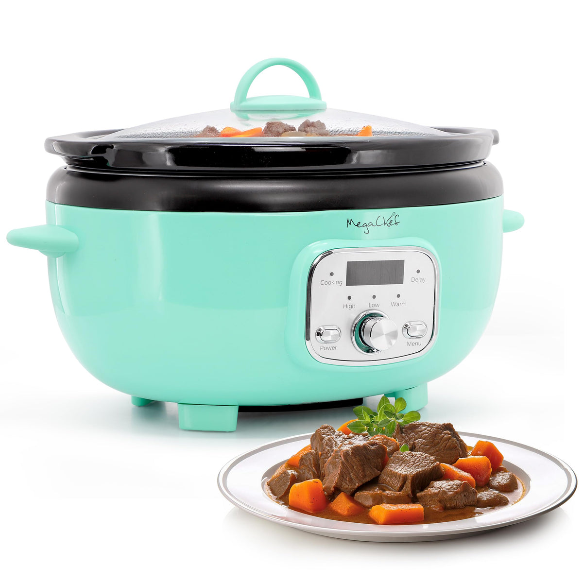 MegaChef Oval Electric Slow Cooker with Removable Ceramic Crock, 3.7 Qt, Digital Panel, Turquoise