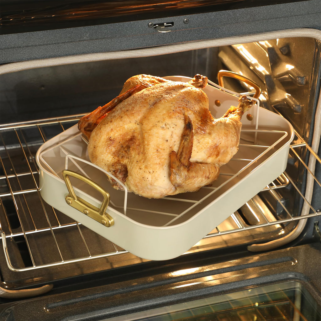 Gibson Home Broxton 2-Piece Nonstick Steel Roaster Pan with Rack – Mint Green, Oven-Safe Holiday Roasting Pan