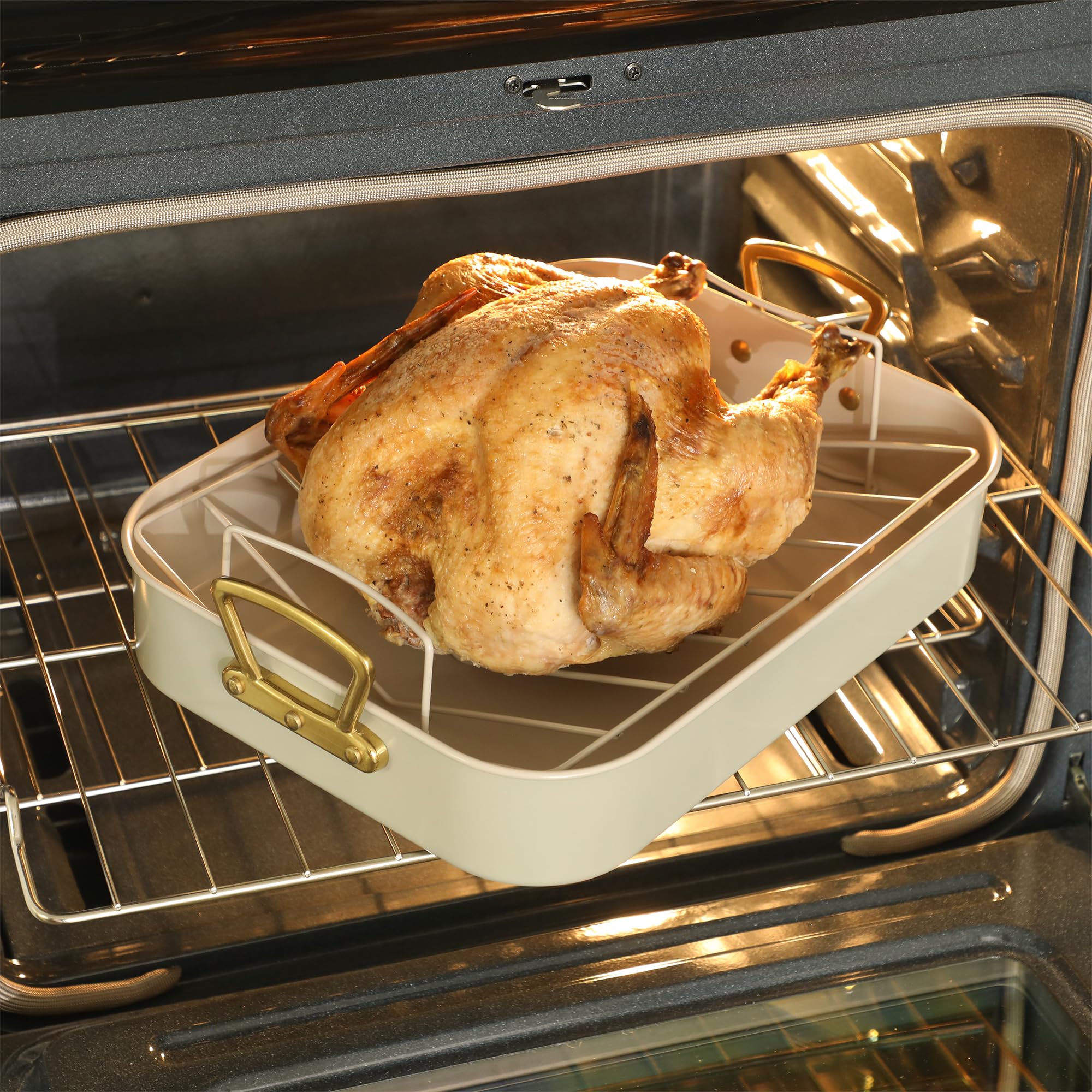 Gibson Home Broxton 2-Piece Nonstick Steel Roaster Pan with Rack – Mint Green, Oven-Safe Holiday Roasting Pan