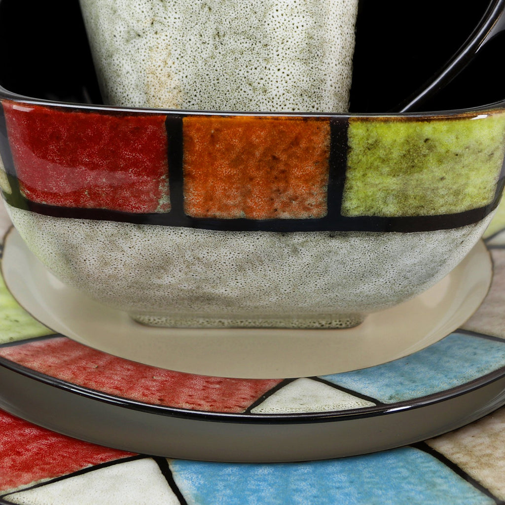 Elama Country Cottage 16-Piece Stoneware Dinnerware Set – Service for 4 with Colorful Trim Plates & Bowls, Microwave & Dishwasher Safe