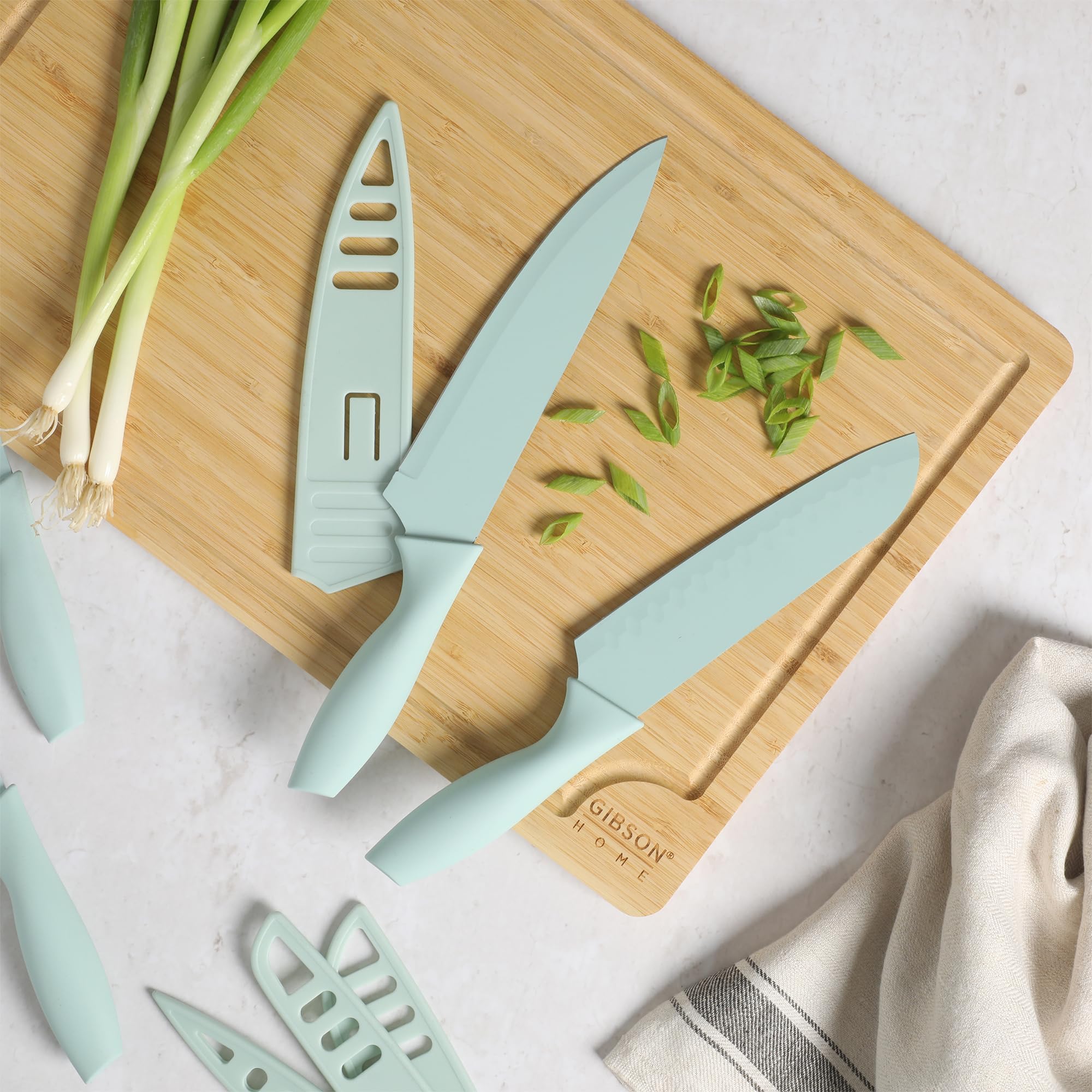 Gibson Home Bostonville 12-Piece Nonstick Stainless Steel Cutlery Set – Turquoise, 6 Knives with Matching Blade Guards