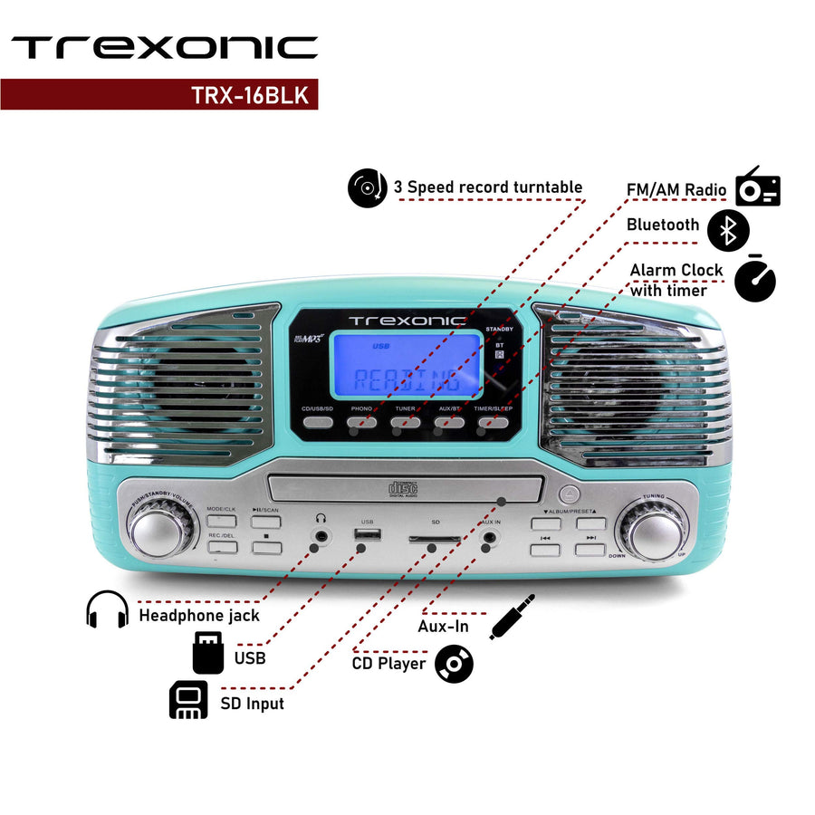Trexonic Retro Record Player with Bluetooth, CD Player & 3-Speed Turntable, Turquoise