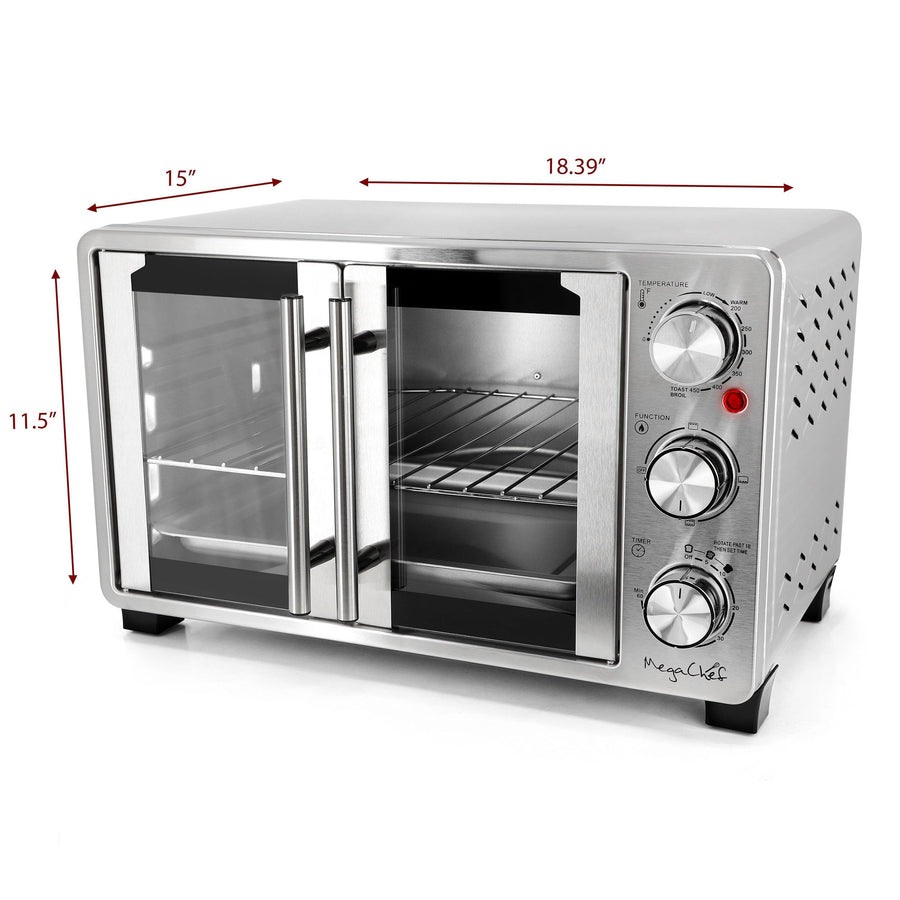 MegaChef 26.4 Quart French Door Stainless Steel Toaster Oven with Bake, Broil & Toast, Temperature & Timer Control