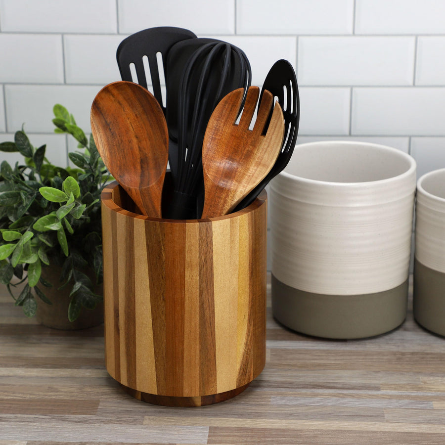 Elama Acacia Wood 360-Rotating Utensil Holder, 5.9-Inch Countertop Crock, Brown