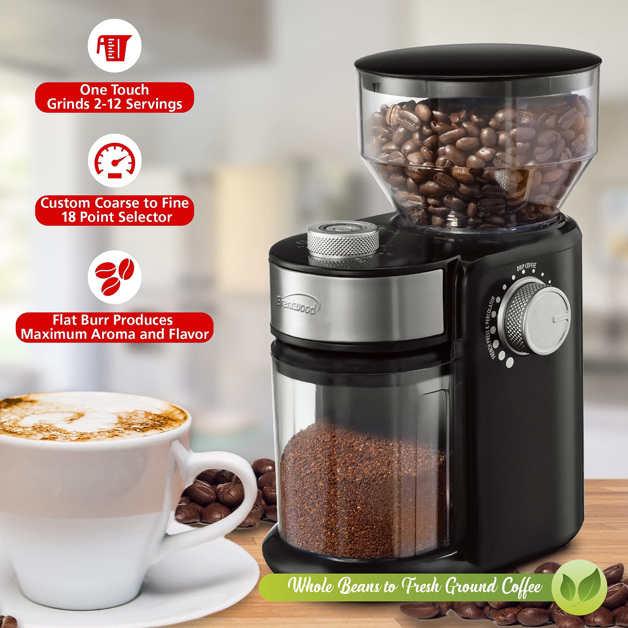 Brentwood CG-2021BK Automatic Burr Coffee Grinder - 8 oz Hopper, 18 Grind Settings, Black