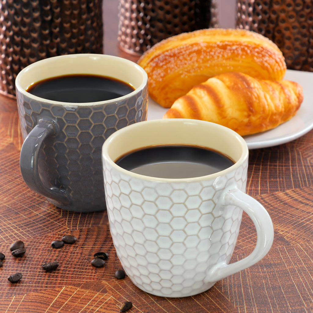 Elama Honeycomb 6-Piece 15 oz Stoneware Mug Set - Assorted White, Purple & Taupe with Embossed Honeycomb Texture