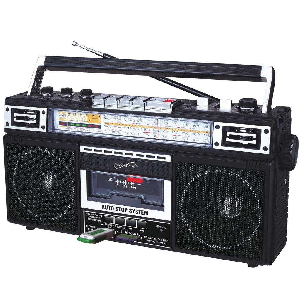 SuperSonic SC-3201BT retro 4-band radio and cassette player with Bluetooth, black