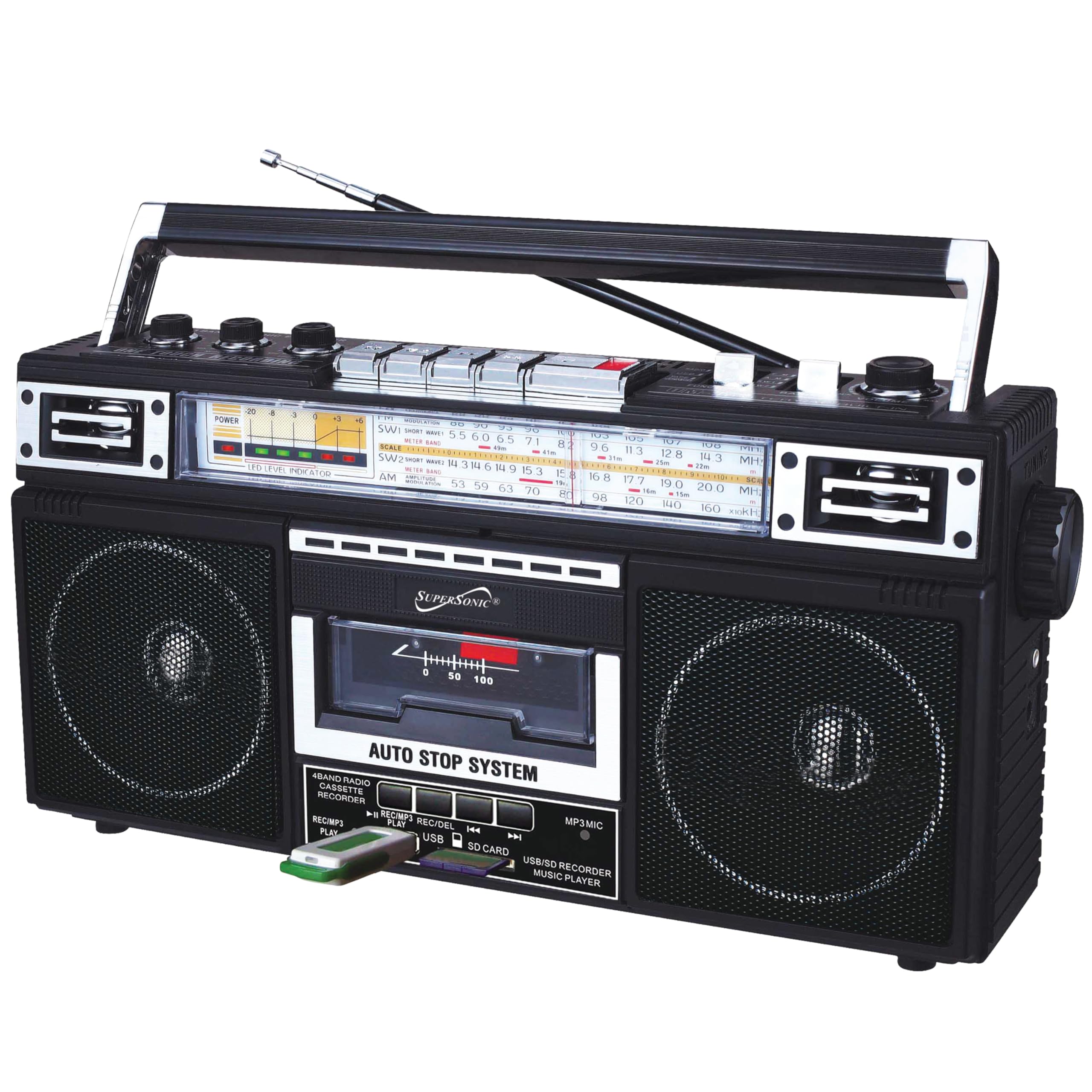 SuperSonic SC-3201BT retro 4-band radio and cassette player with Bluetooth, black